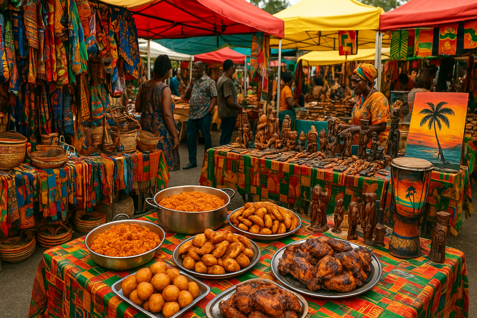 A vibrant outdoor market with colorful tents, showcasing African crafts, jewelry, and artwork, alongside plates of food including fried snacks and rice dishes, with people browsing and shopping.