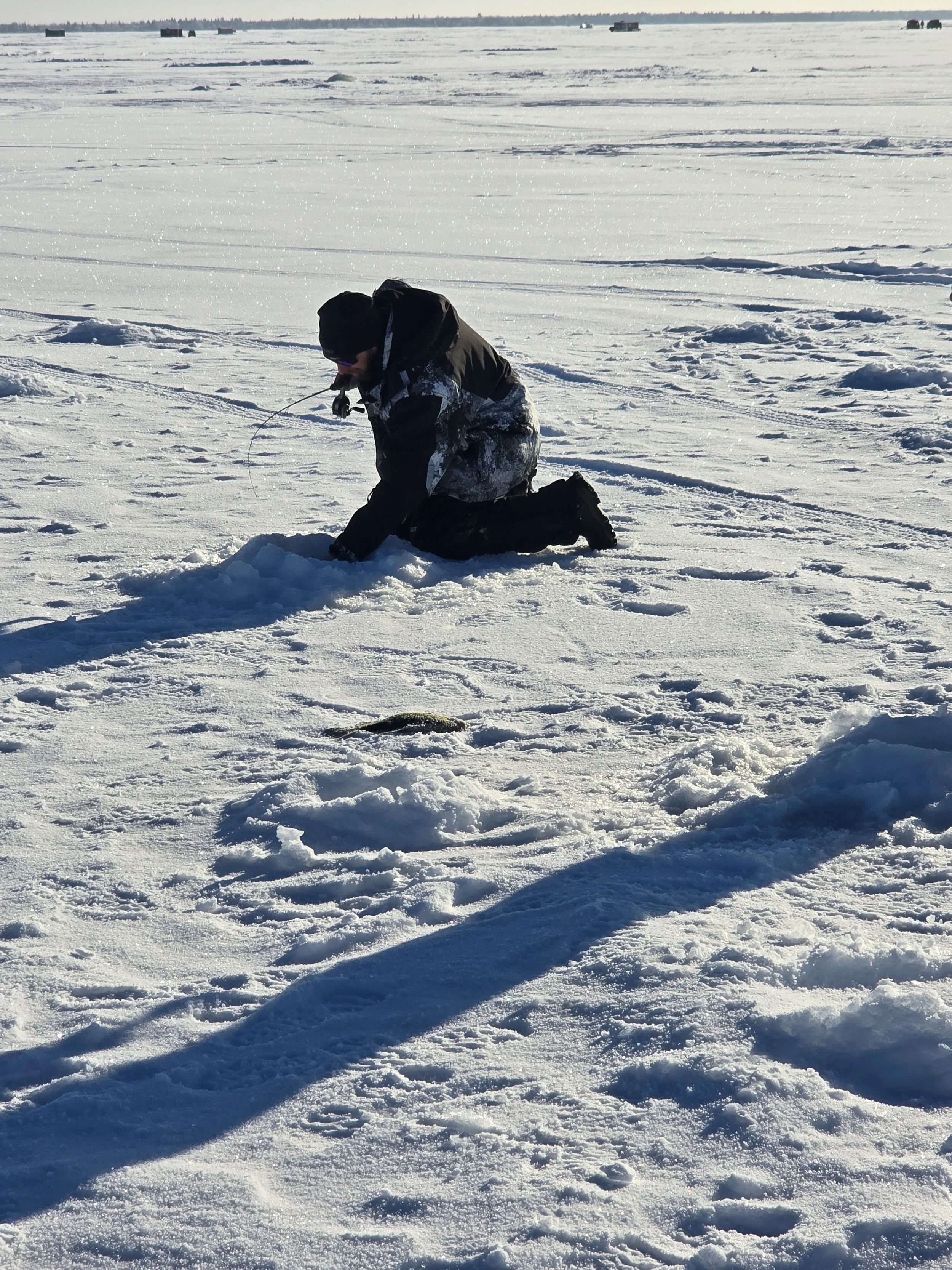 A person dressed in black winter clothing kneeling on snow-covered ice, holding a fishing line with a fish on the ice nearby, under a clear sky with boats in the distant background.