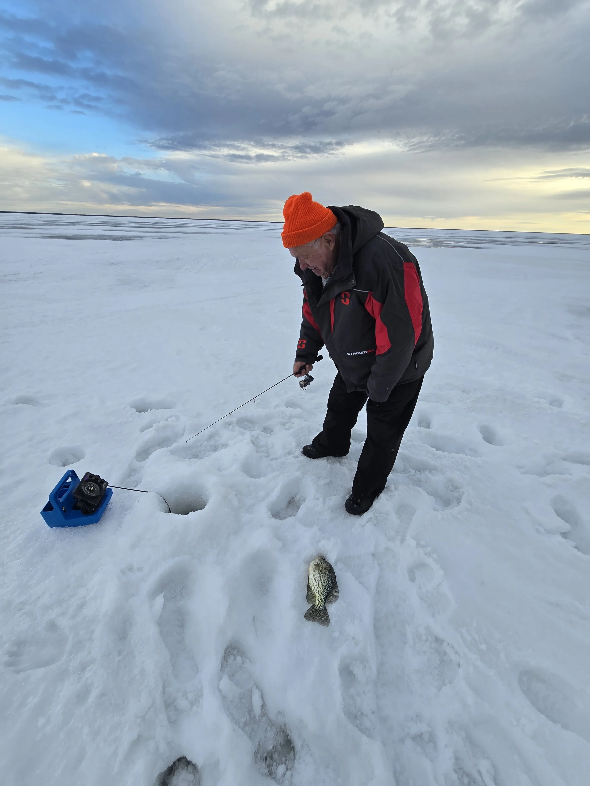 A person in a black and red jacket and orange beanie is ice fishing on a snowy, frozen body of water, holding a fishing rod with a fish on the line, with a blue tackle box nearby.