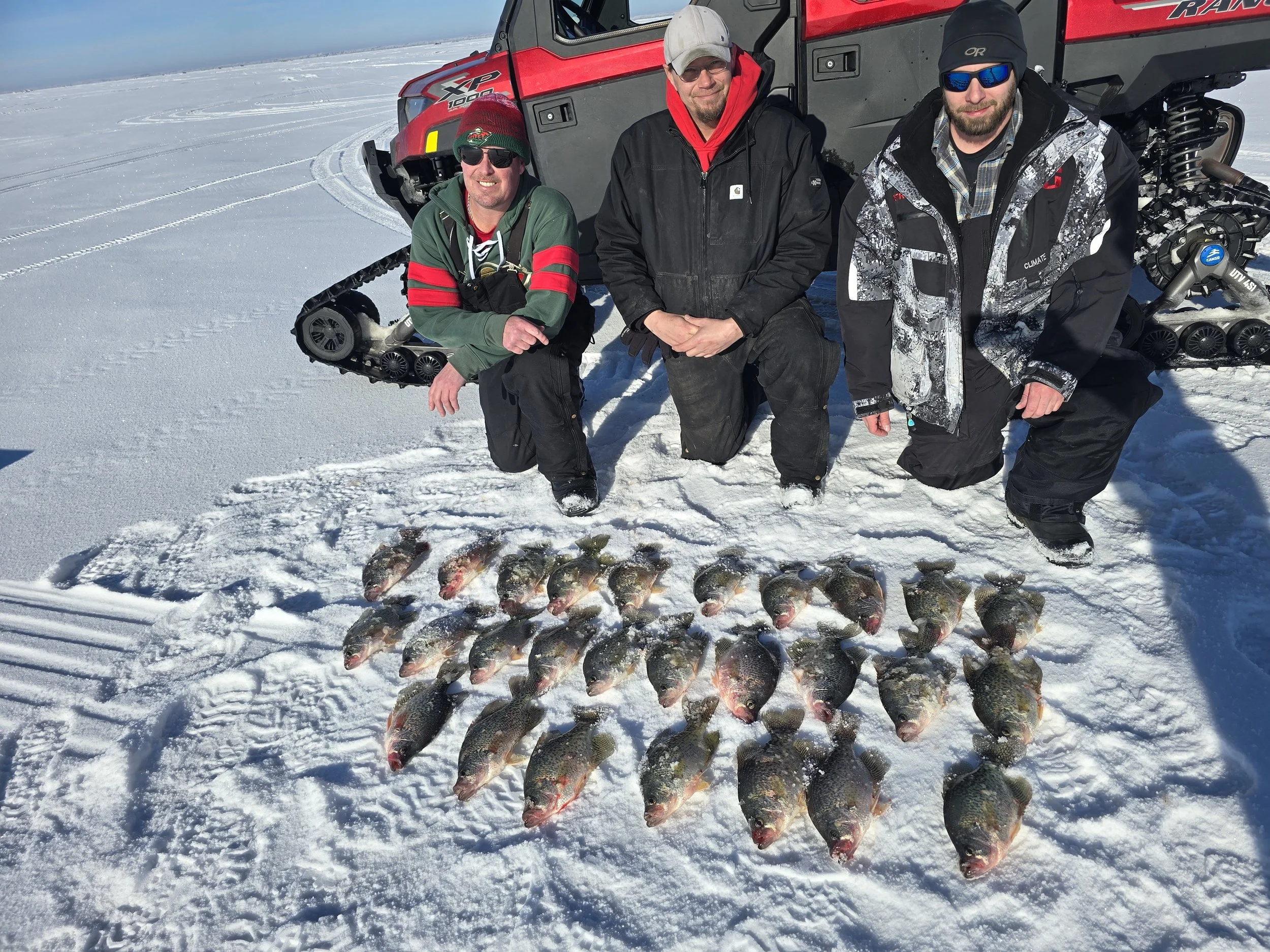Three men kneeling on snow behind a line of freshly caught fish on the ice, with a red snowmobile in the background on a snowy landscape under a clear blue sky.