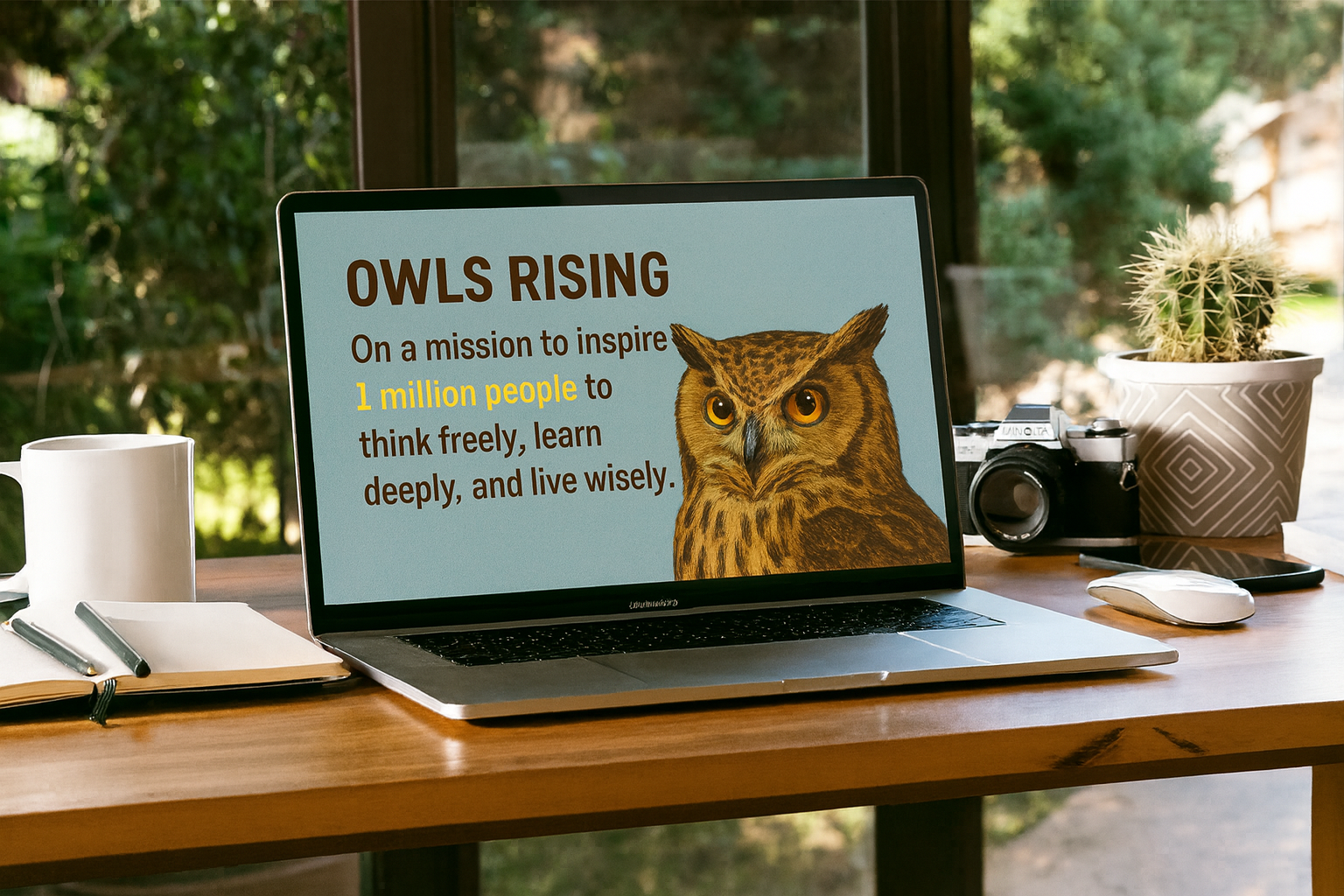 Laptop displaying a presentation titled "Owls Rising" with an illustration of an owl and text about inspiring people to think freely, learn deeply, and live wisely. The scene is set on a wooden desk with a potted cactus, a camera, a smartphone, a white mouse, a notebook, and a coffee mug. Background shows a window with green foliage outside.