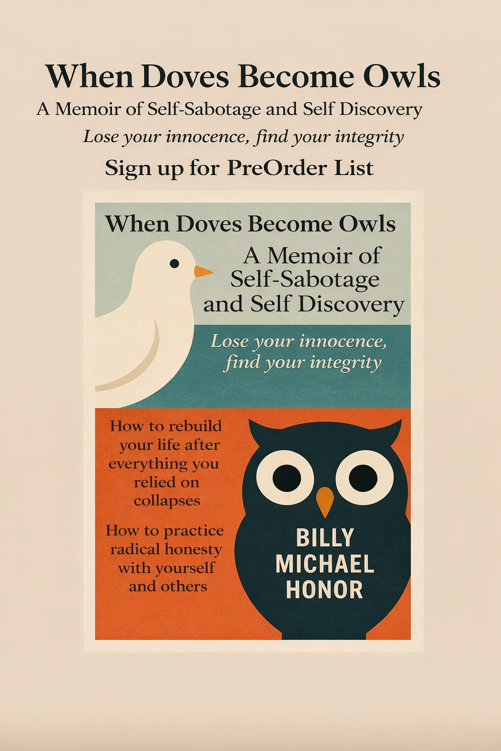 Book cover titled "When Doves Become Owls: A Memoir of Self-Sabotage and Self Discovery" by Billy Michael Honor, featuring an illustration of a dove and an owl with a beige background.