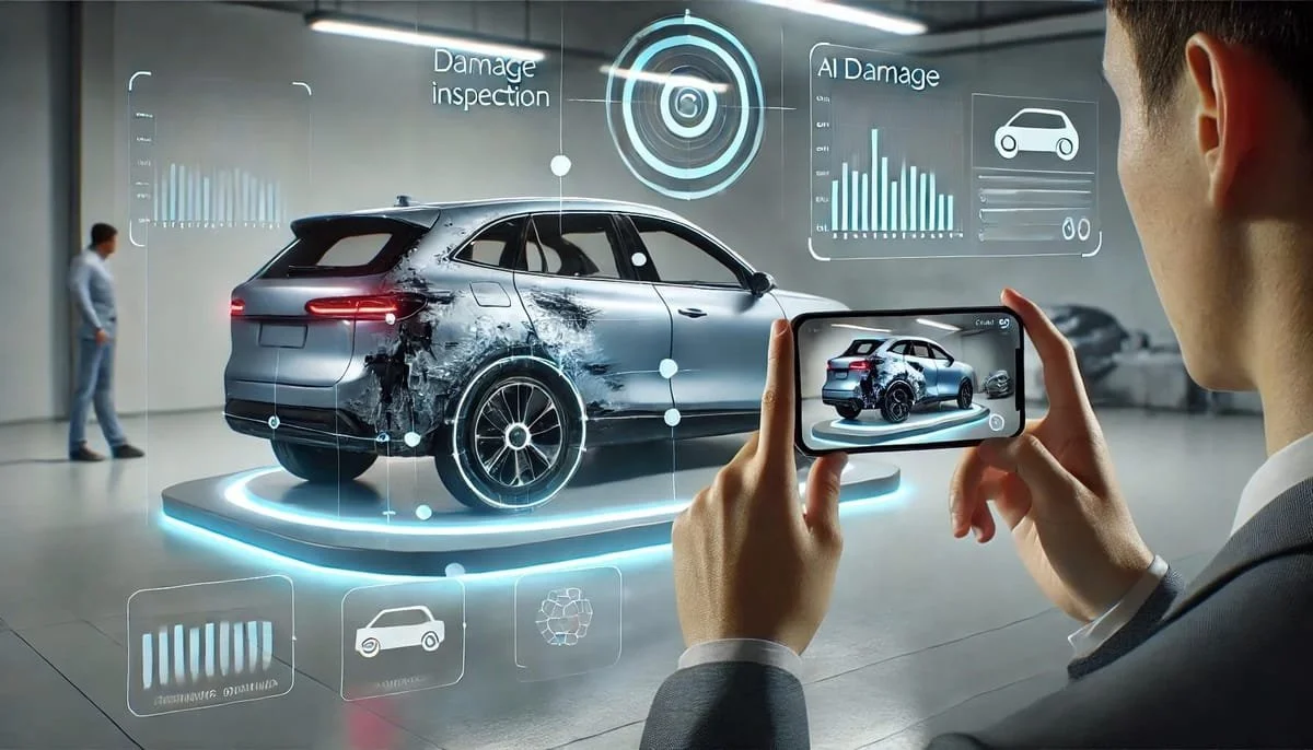 Person uses a smartphone to take a picture of a futuristic car in a digital showroom, with augmented reality displays showing damage and AI analysis.