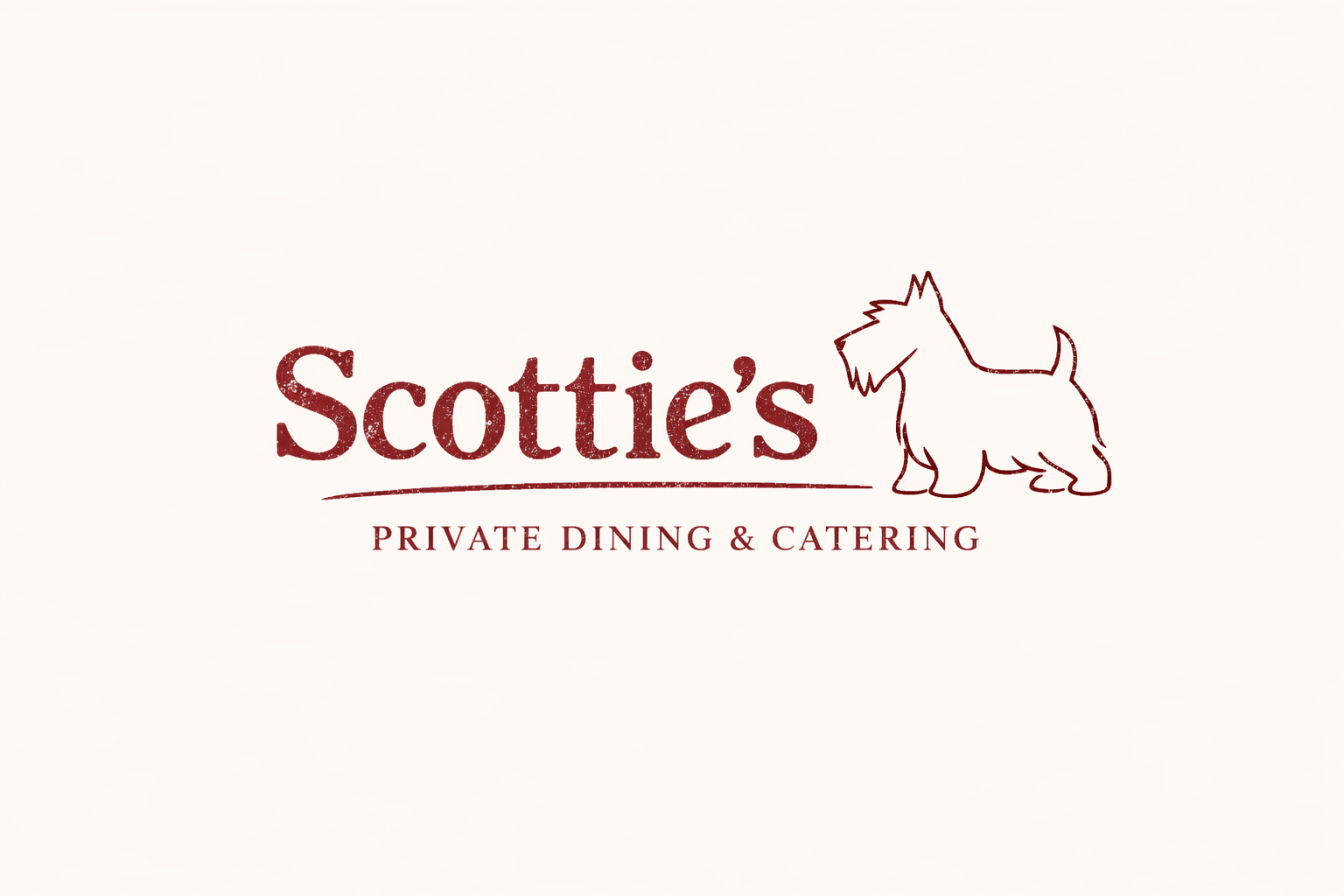 Logo for Scottie's Private Dining & Catering, featuring a line drawing of a Scottish Terrier dog and text in a rustic font.