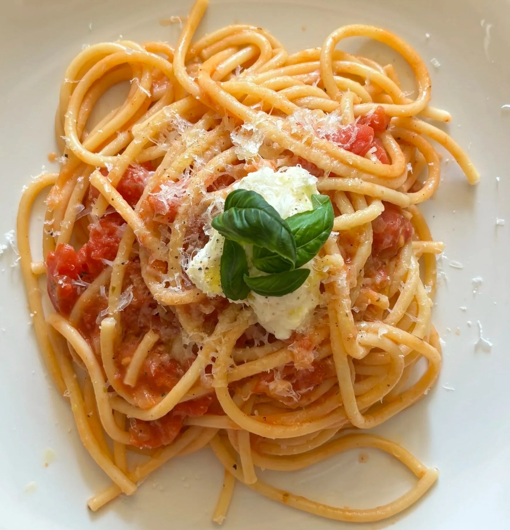 Plate of spaghetti pasta with tomato sauce, topped with a dollop of ricotta cheese, fresh basil leaves, and grated cheese.