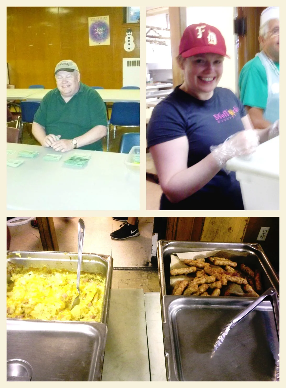 Top left: Bob Heindl organizes tickets for the Gathering’s Breakfast Program; Top right: Sam hands out silverware in the serving line; Bottom: 7/22 Sharon’s birthday breakfast sausage and eggs
