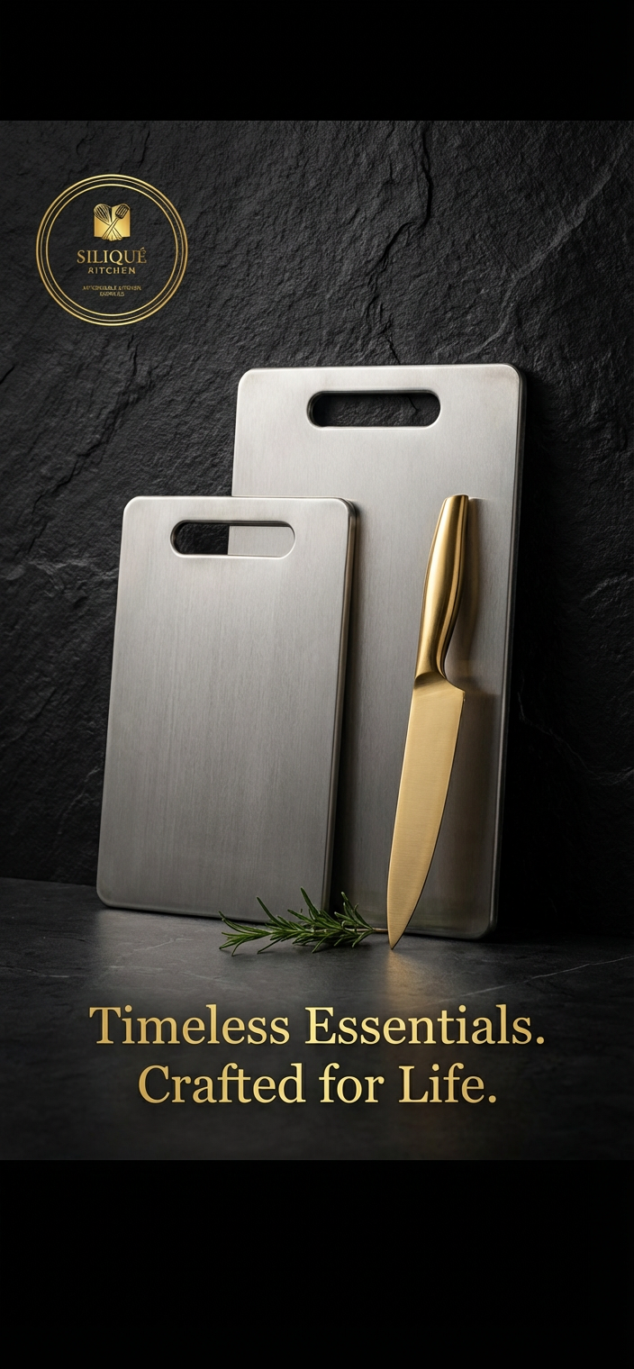 Two stainless steel cutting boards of different sizes with a gold-handled knife placed between them, set against a black textured background with a hanging sprig of herbs. The top left corner features a gold logo with the words "Silolùe Ritchen" and the tagline "Timeless Essentials. Crafted for Life." in gold lettering.