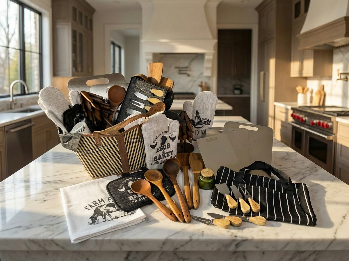 Kitchen countertop with wooden cooking utensils, cutting boards, a jar, and kitchen towels, in a modern kitchen with natural light.