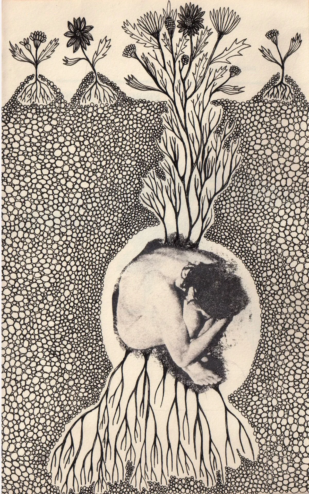 Une illustration d'un arbre dessiné avec des lignes noires, avec un cerveau humain stylisé à la place du tronc. La partie supérieure de l'arbre comporte des fleurs et des feuilles. Au centre, une photographie d'une femme en position de sommeil ou de méditation, intégrée dans le tronc de l'arbre.