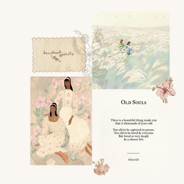 Une image composée de plusieurs sections avec illustrakhons de fleurs, deux femmes assises, un paysage marin, et du texte en anglais et français sur la vieillesse et la beauté intérieure.