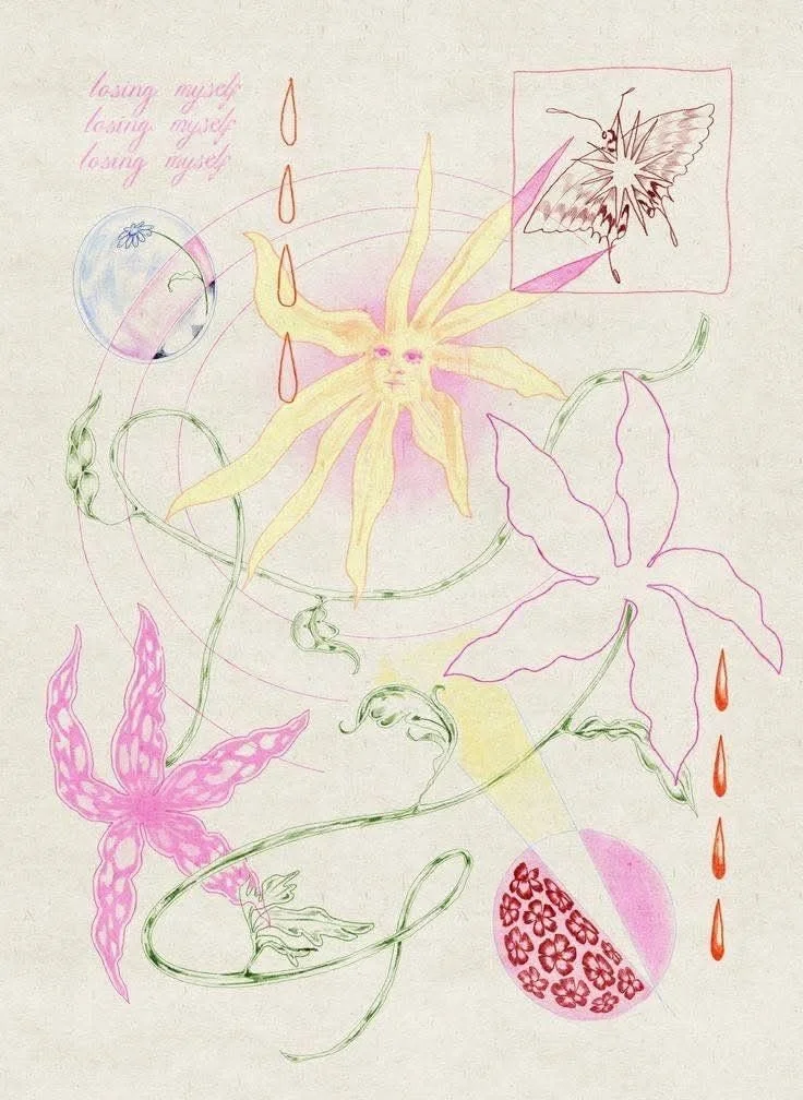 Un dessin abstrait de fleurs multicolores, comprenant un visage humain au centre, un papillon, et des motifs en lignes délicates, avec des notes de texte en cursive.