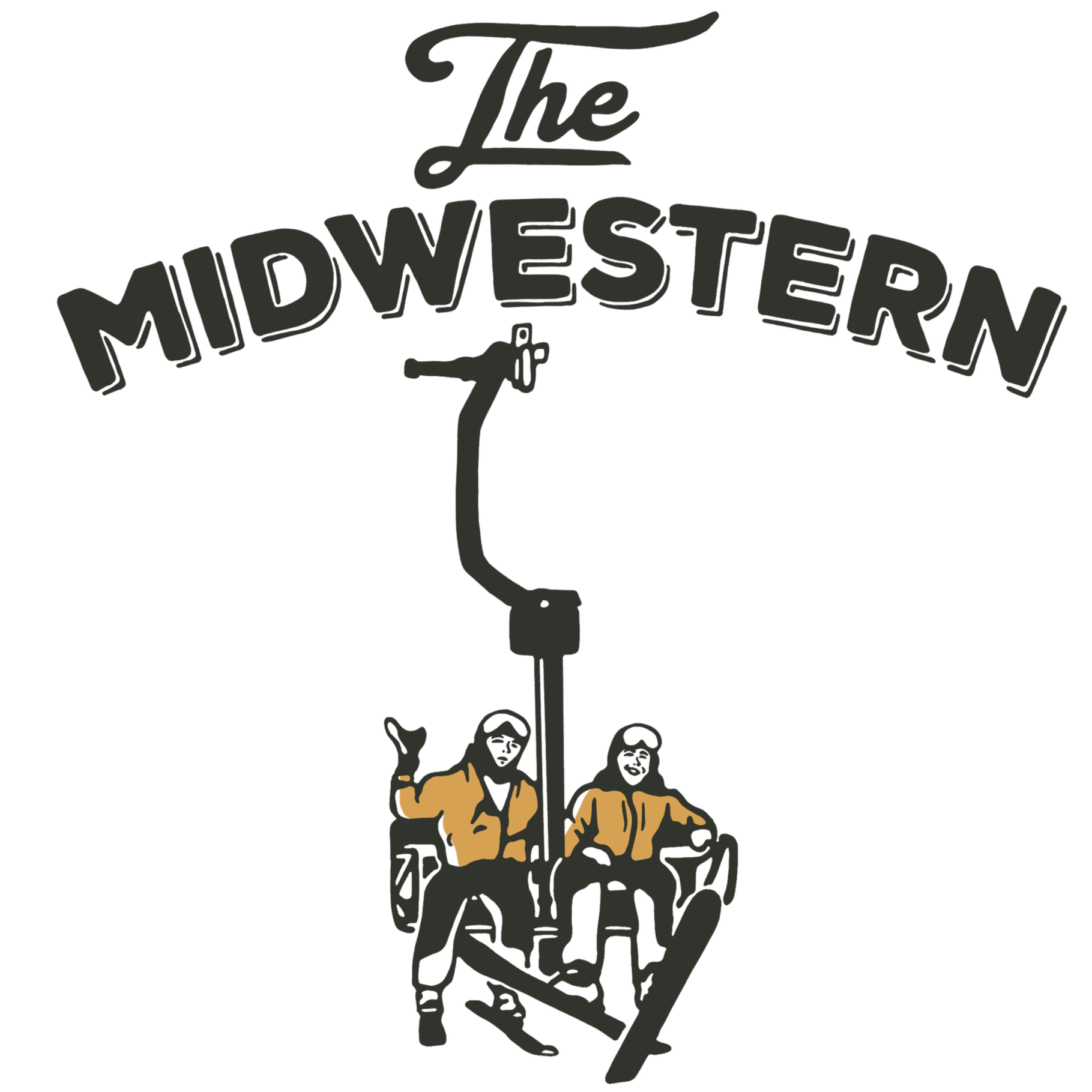 Logo for 'The Midwestern' featuring two people riding a mechanical lift, wearing yellow jackets, with the name written above.