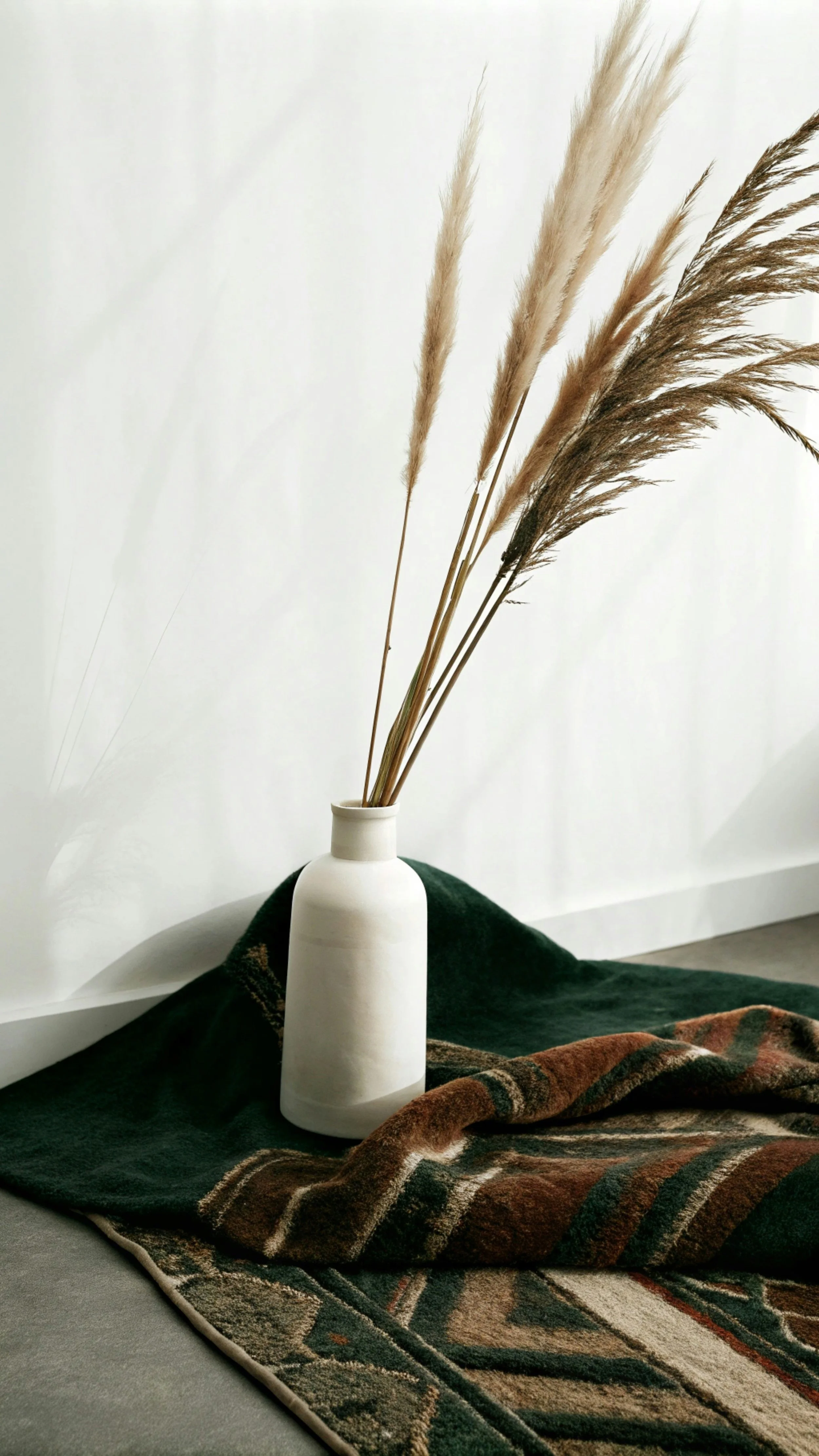 A white ceramic vase with dried pampas grass stands on a dark green and patterned rug against a white wall.