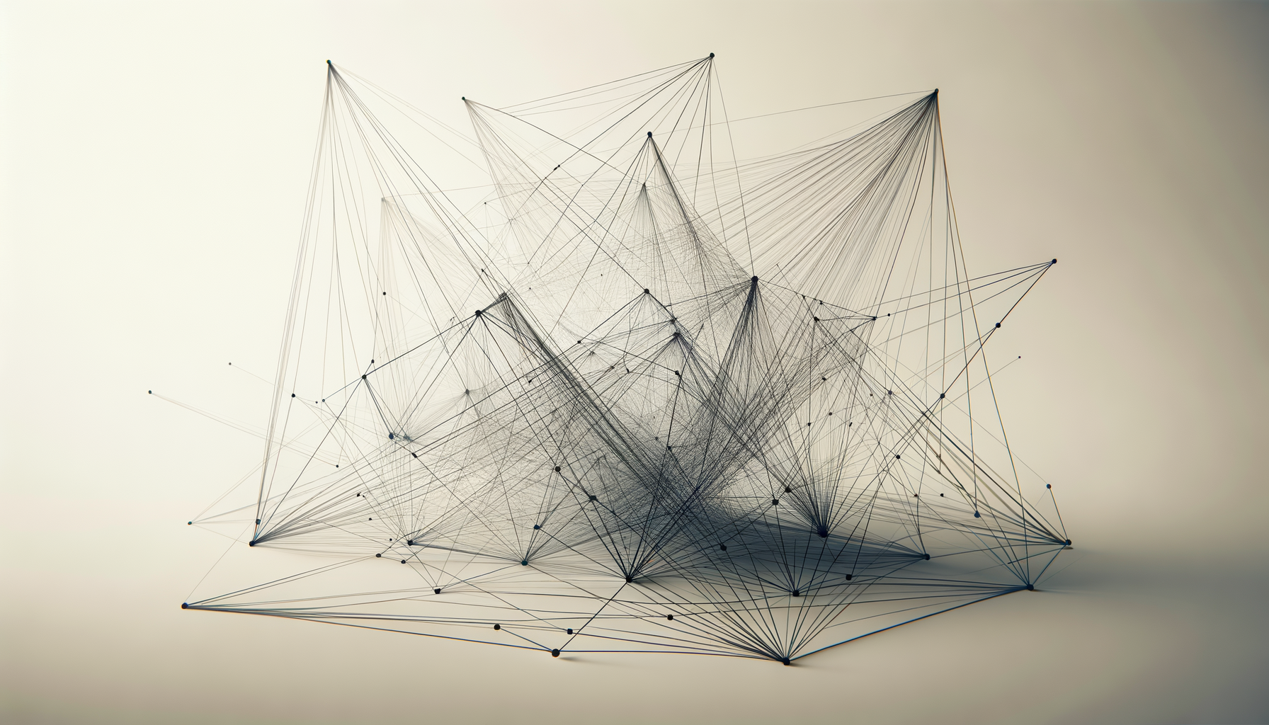 Abstract geometric artwork with interconnected black lines and dots forming a complex 3D structure.