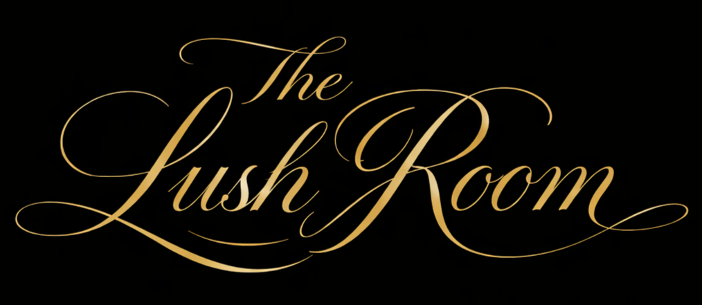 Text that reads 'The Lush Room' in gold cursive font on a black background.