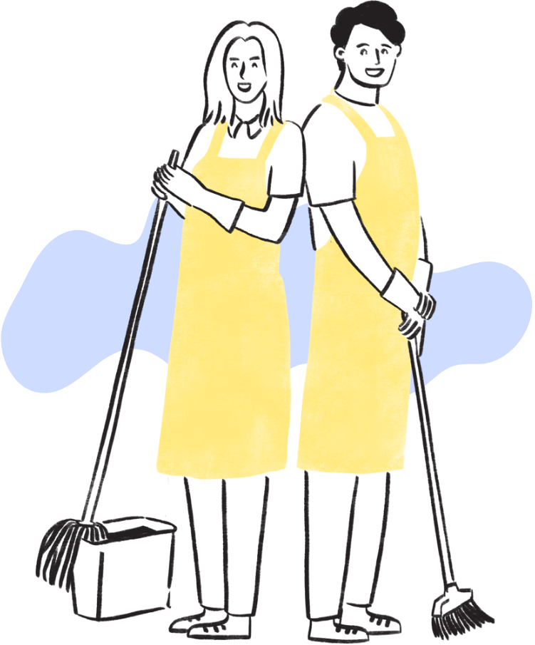 Graphic of man and woman holding cleaning supplies in yellow aprons