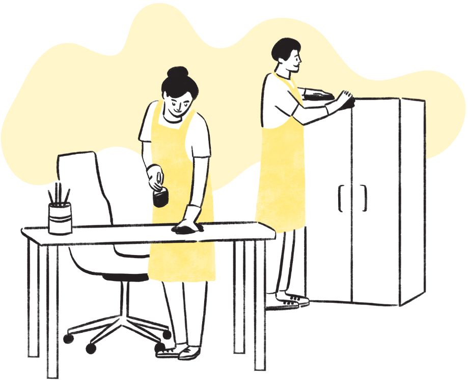 Graphic drawing of man and woman cleaning tables, cabinets and chairs, wearing yellow aprons