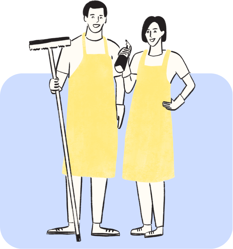 Graphic of man and woman holding cleaning supplies in yellow aprons