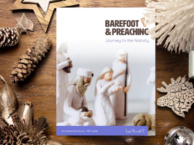 Brochure titled "Barefoot & Preaching: Journey to the Nativity" featuring wooden nativity scene figures on the cover, surrounded by Christmas decorations such as pine cones, a star, a reindeer, and ornaments on a wooden surface.