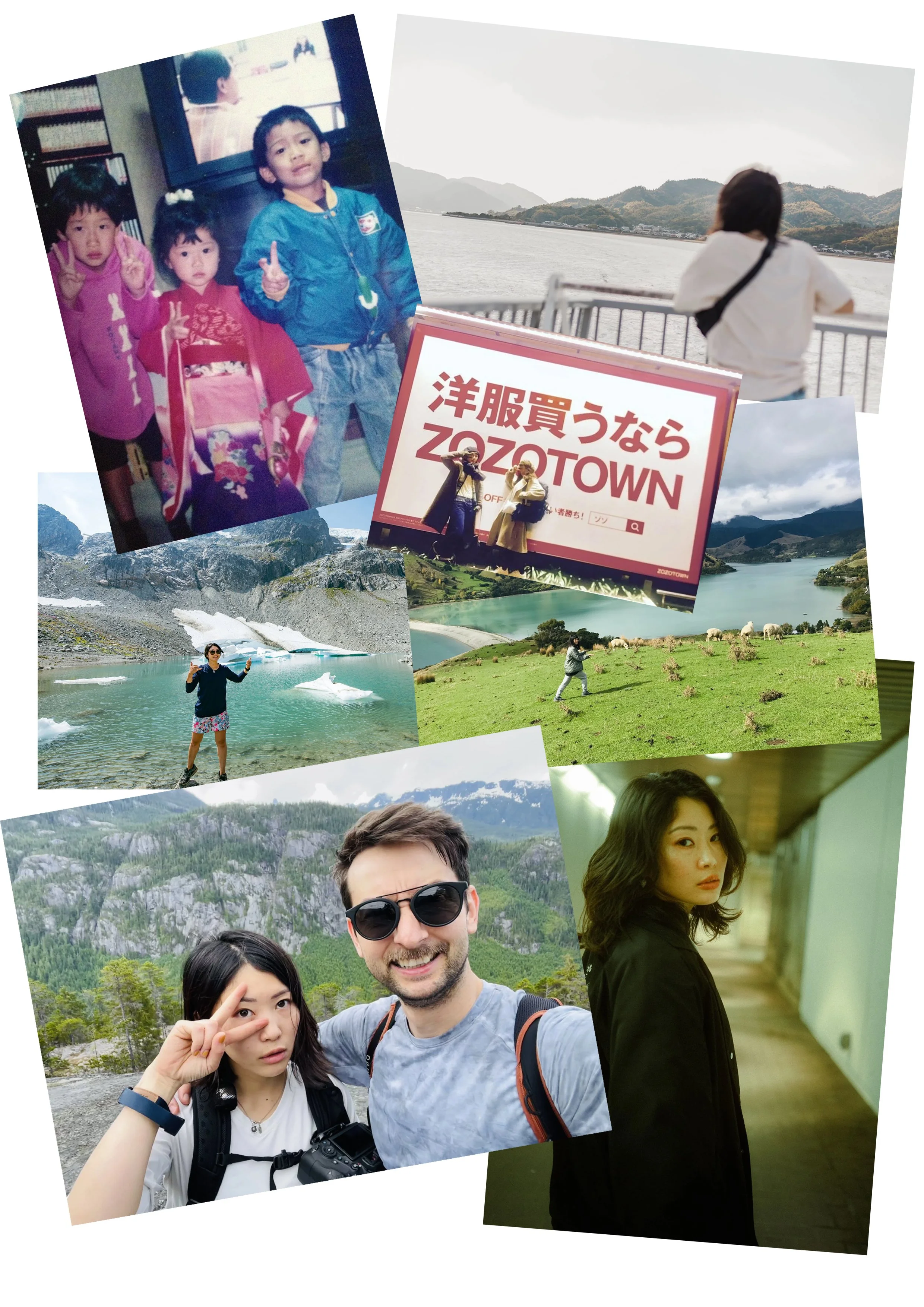 A collage of outdoor and travel photos showing different people: children in traditional and casual clothing, a woman standing by a river, a woman on a hiking trail, tourists in front of a landscape with mountains and lakes, and a young woman in a hallway.
