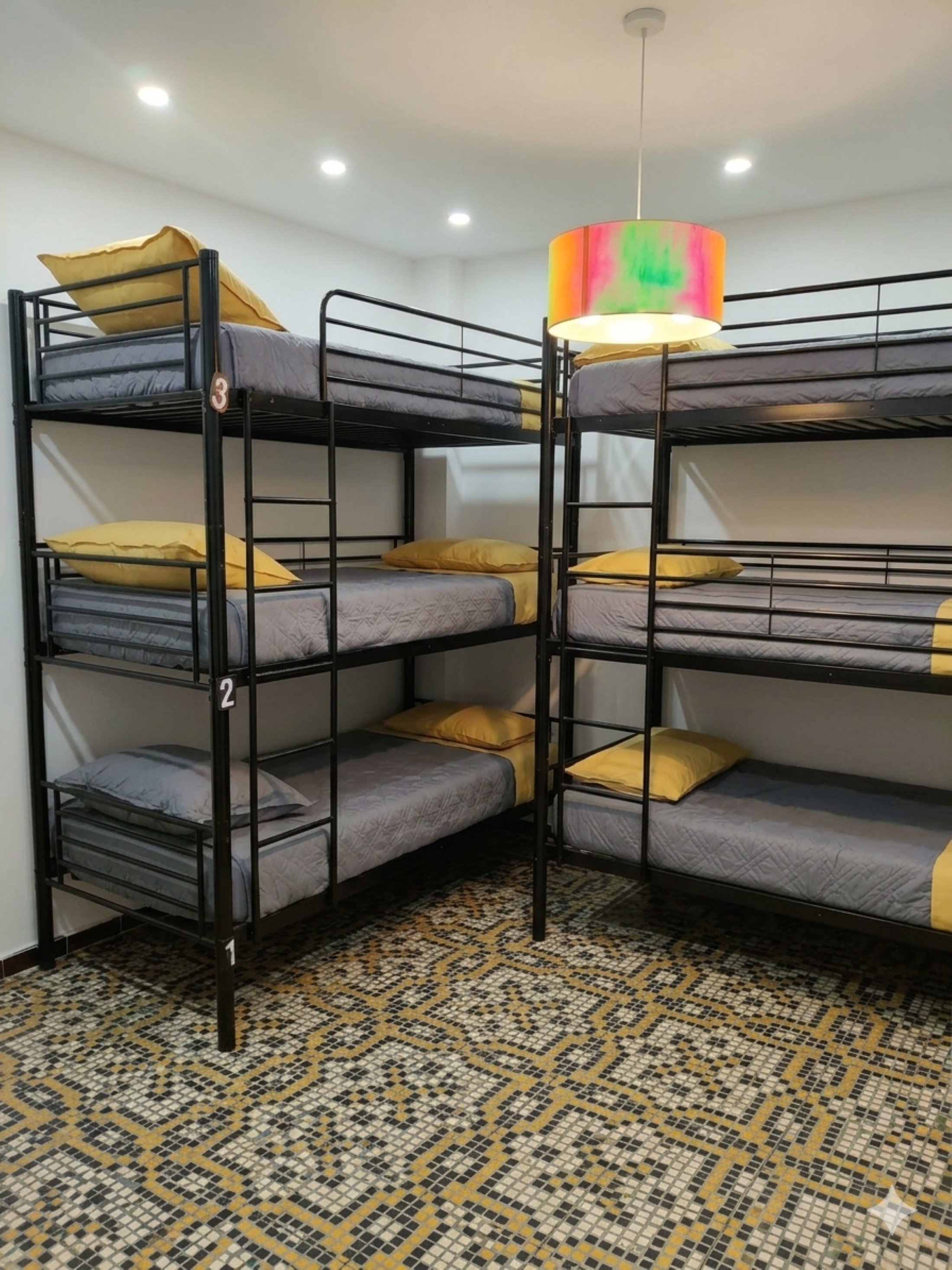 Cinq lits superposés en métal noir avec des draps gris et des oreillers jaunes dans une chambre avec un sol en mosaïque et un plafond blanc, éclairée par des spots et une lampe colorée suspendue.