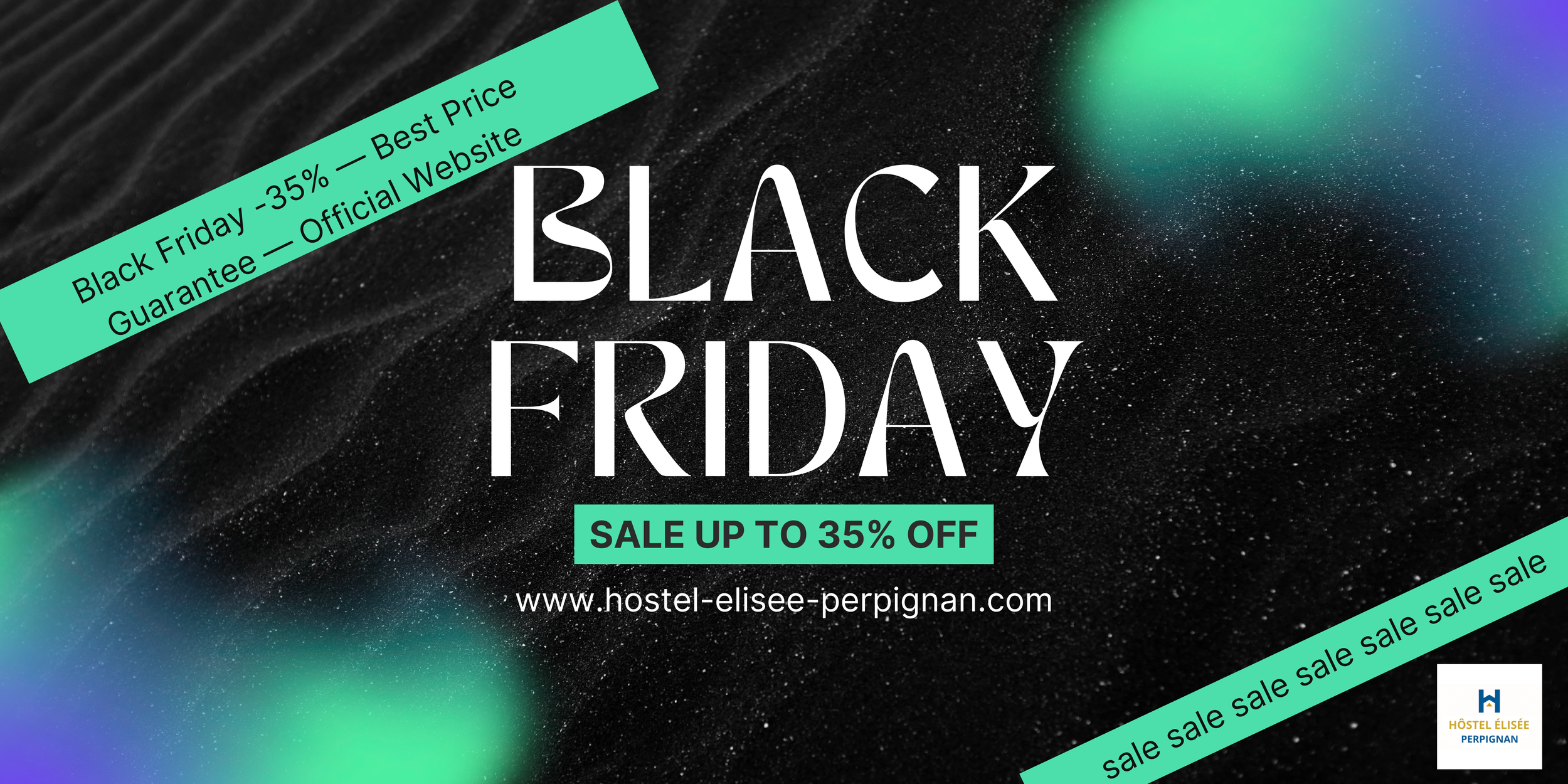 Affiche annonçant une vente Black Friday avec jusqu'à 35% de réduction, du 35% en haut à gauche, et un slogan "sale" en bas à gauche, fond noir avec des effets lumineux colorés.