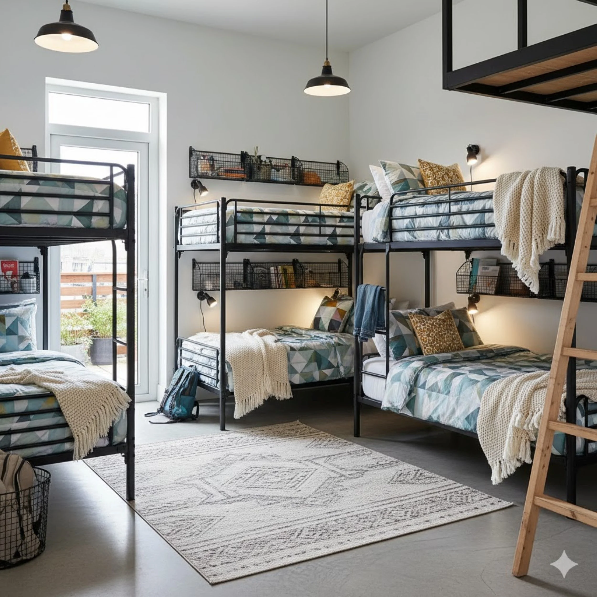 Une chambre avec six lits superposés en métal noir, des couvertures et des coussins décoratifs, une grande fenêtre, un tapis beige, et un escalier en bois à droite.