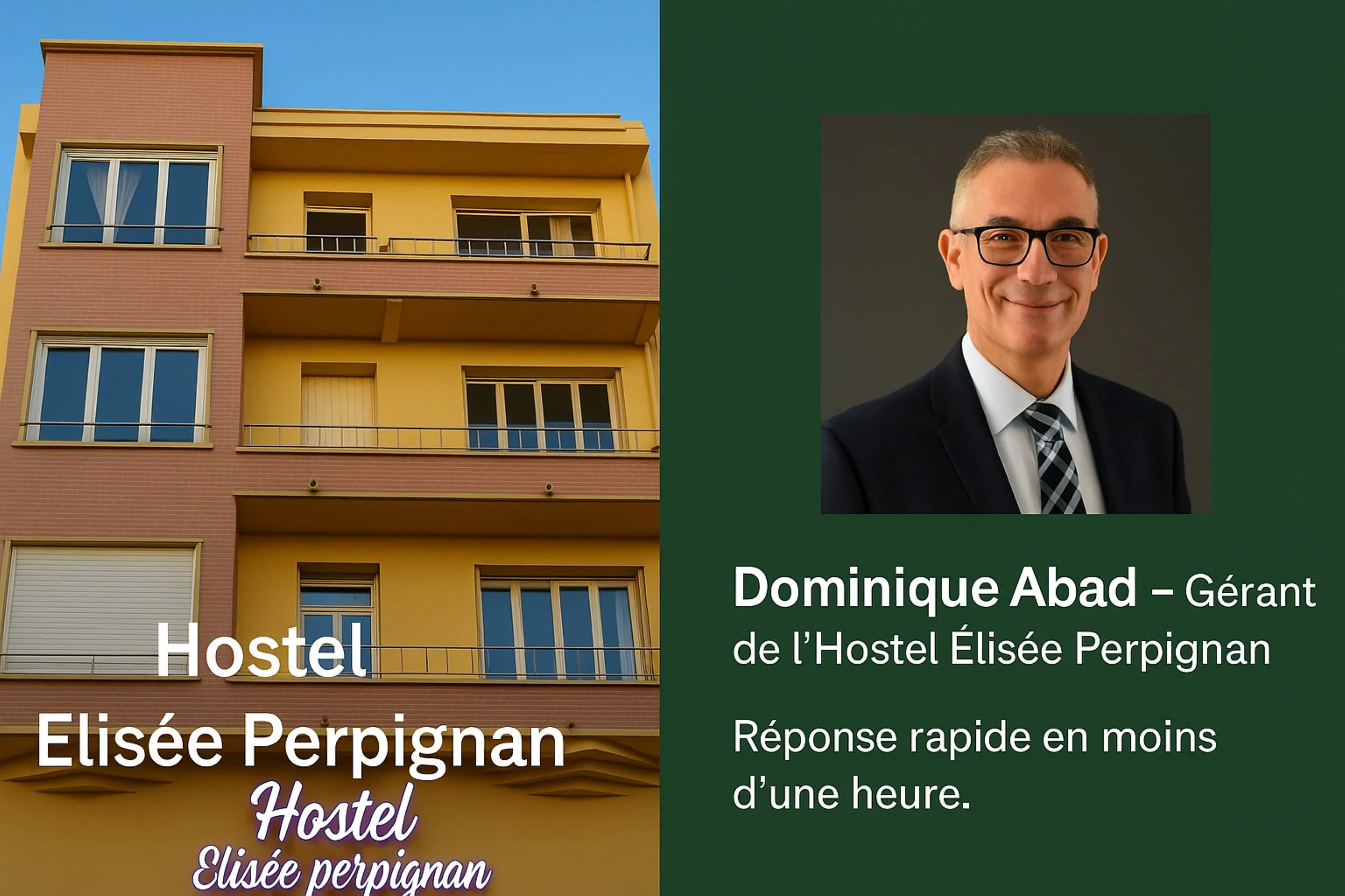 Photo d'un immeuble de plusieurs étages avec des balcons et des fenêtres, à côté d'un portrait d'un homme en costume, portant des lunettes, avec un fond vert contenant du texte en français