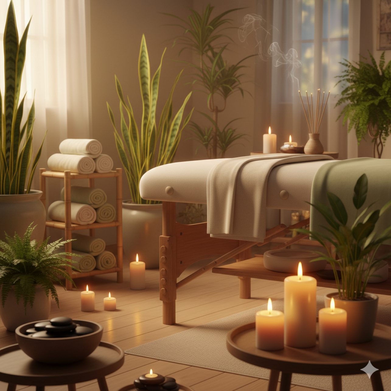Salle de massage avec bougies, plantes vertes, serviettes roulées et ambiance relaxante.