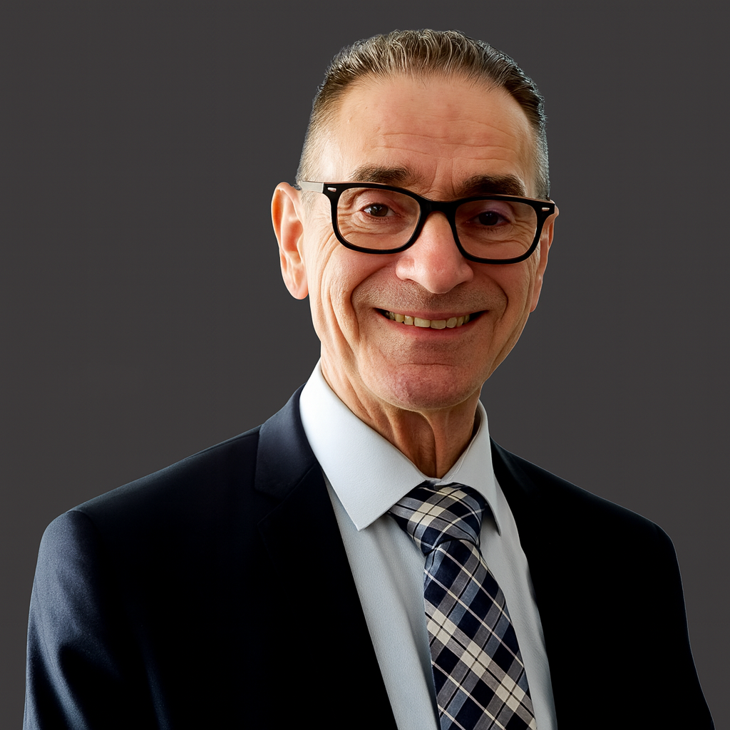 Portrait d'un homme souriant portant des lunettes noires, une chemise blanche, une cravate à carreaux et un costume noir, avec un arrière-plan gris