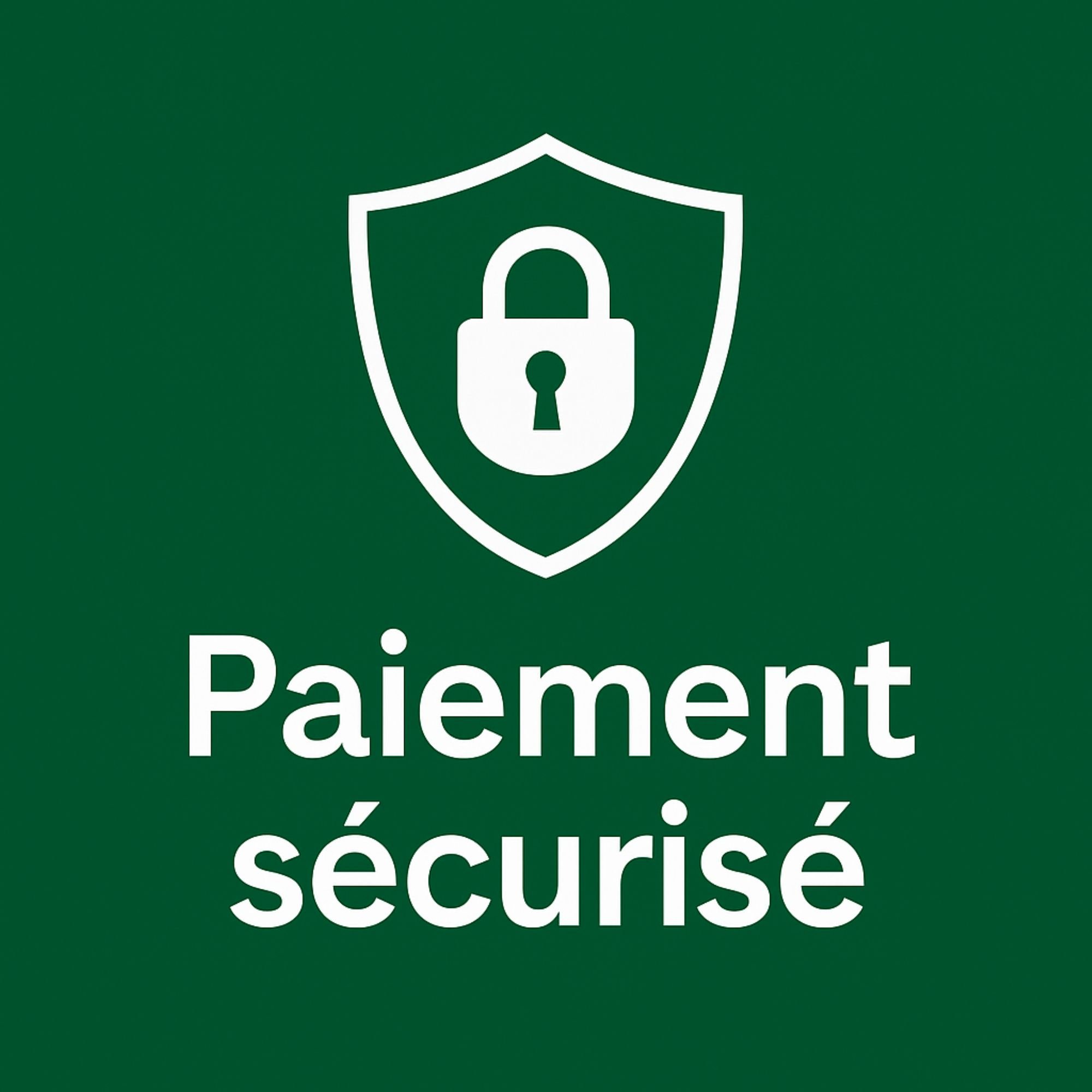 Image verte avec un symbole de verrou dans un bouclier blanc et le texte "Paiement sécurisé"