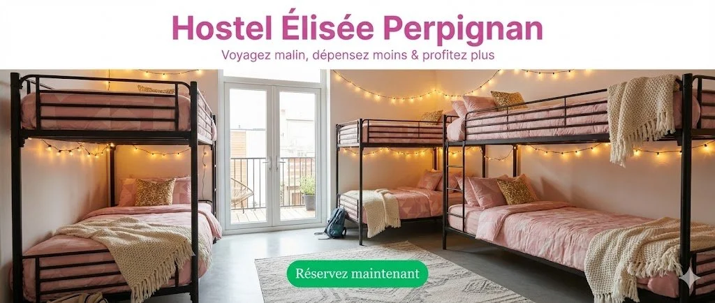 Salle avec quatre lits superposés à la décoration chaleureuse, guirlandes lumineuses et une porte-fenêtre donnant sur un balcon.