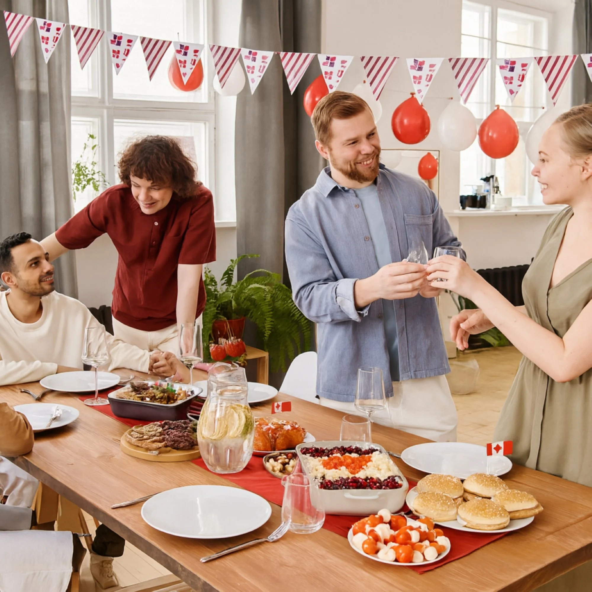 Groupe d'amis lors d'une fête, partageant un repas avec des plats et desserts sur la table, décorations de fête avec ballons et fanions.