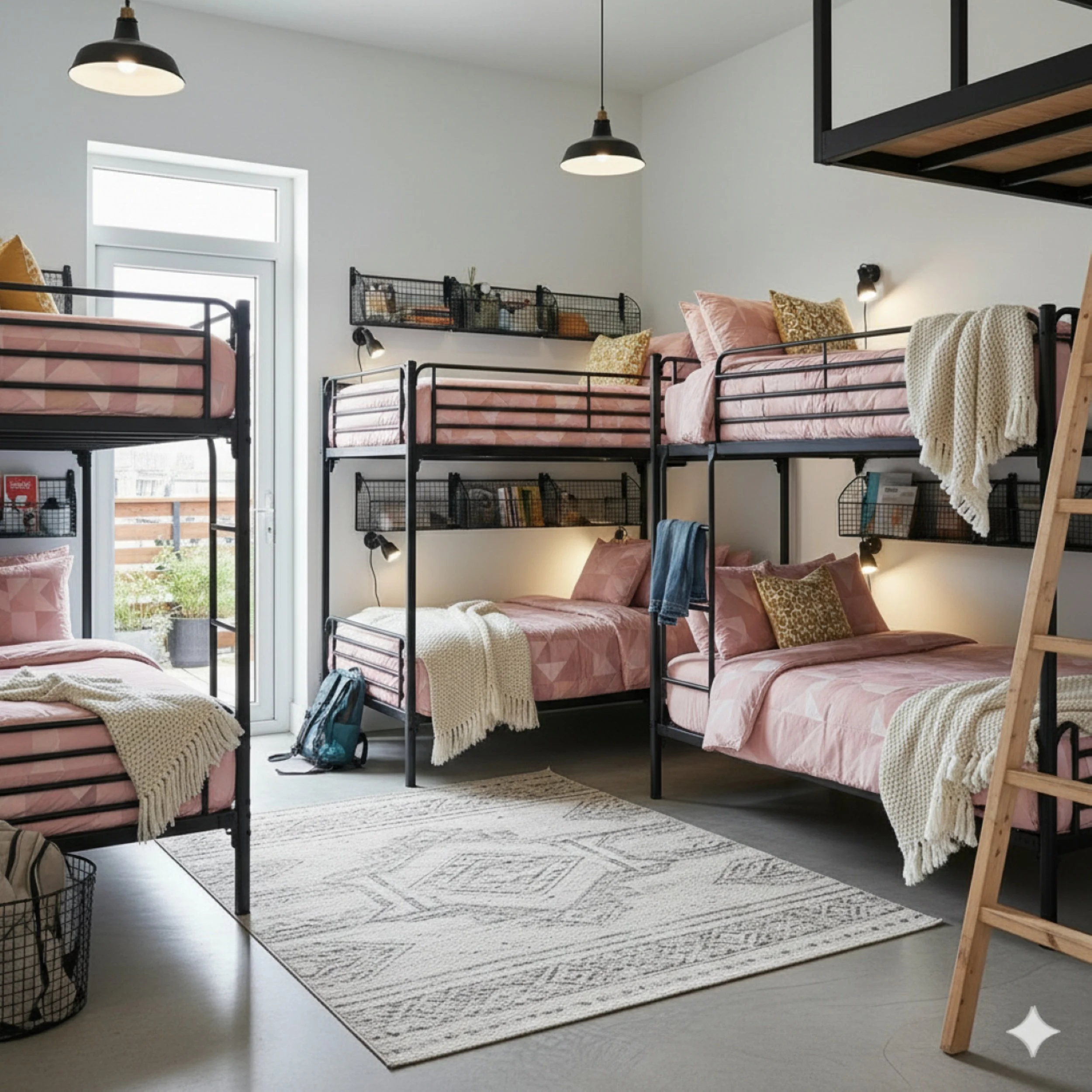Chambre de dortoir avec deux lits superposés en métal noir, couvre-lits roses et oreillers colorés, lampes de lecture, étagères murales et tapis beige, grande fenêtre laissant entrer de la lumière naturelle, escabeau en bois, intérieur moderne