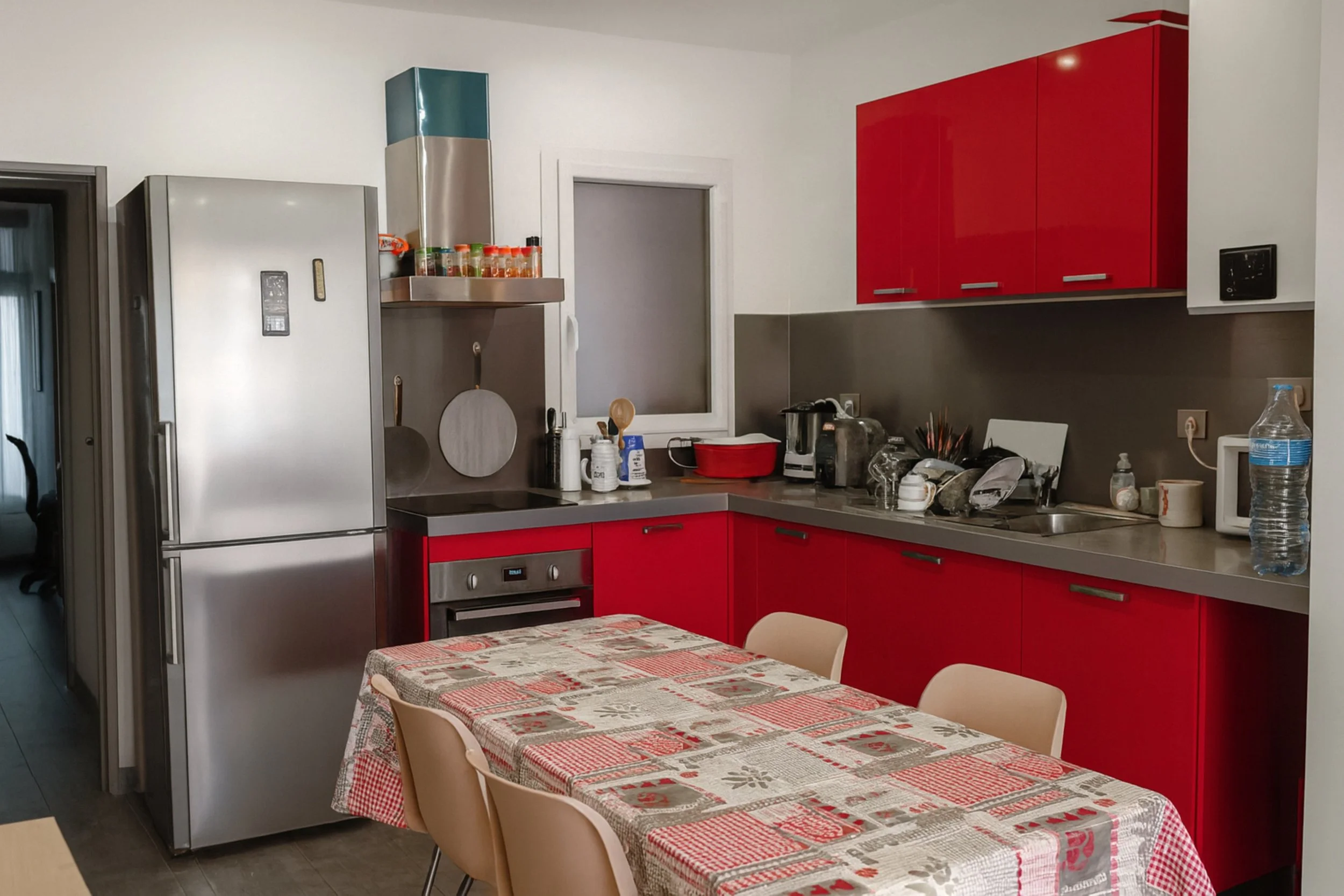 Cuisine moderne avec un réfrigérateur en acier inoxydable, des armoires rouges, un plan de travail en gris, une table avec une nappe à motifs rouges et beige, plusieurs chaises en beige, nombreux objets de cuisine sur le plan de travail, notamment une bouteille d'eau, un micro-ondes, et un sac de congélation.