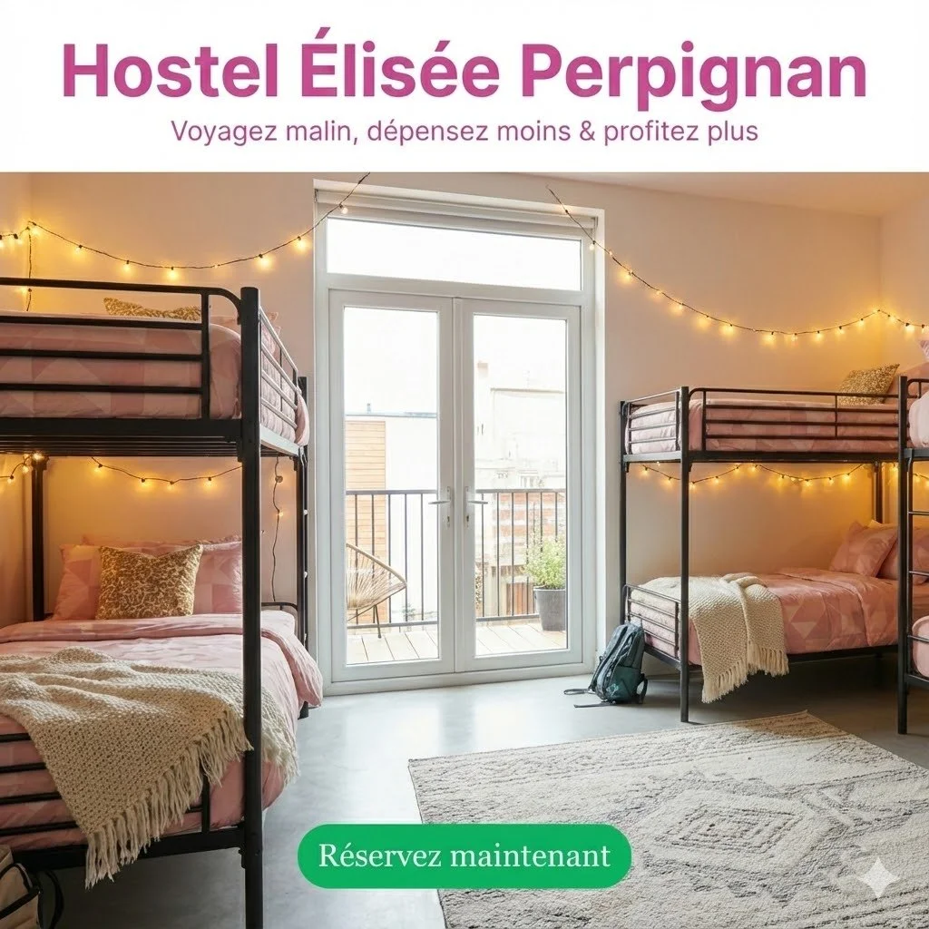 Une chambre de dortoir avec quatre lits superposés, deux sur chaque côté, éclairée par des guirlandes lumineuses, avec un balcon visible à travers une porte-fenêtre. Il y a un tapis blanc, des oreillers décoratifs et un sac à dos posé par terre.