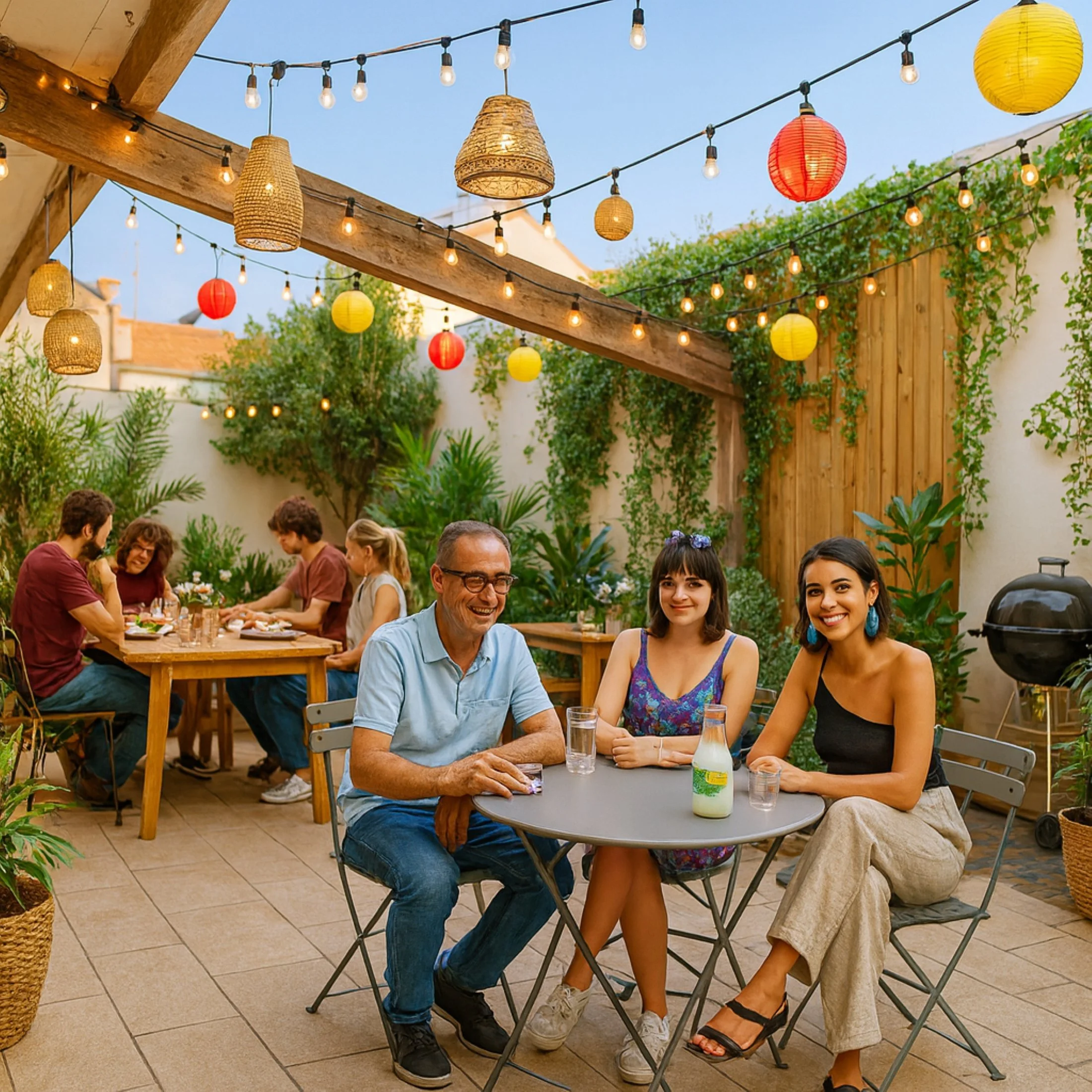 Un groupe de trois personnes souriantes assises autour d'une table sur une terrasse décorée avec des guirlandes de lampions colorés, en soirée.