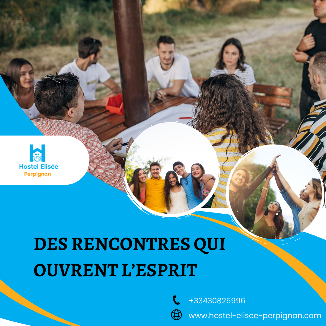 Groupe de jeunes adultes en pleine discussion en plein air, avec deux autres photos de jeunes souriants et faisant des activités en extérieur, promotion du Hostel Eliseé à Perpignan.
