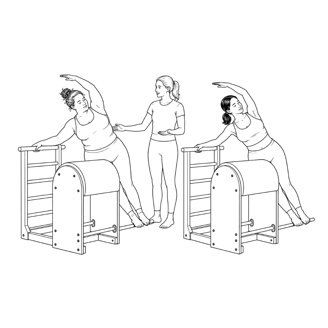 An image showing a Pilates instructor teaching two students on the Ladder Barrel apparatus, indicating smaller class sizes for personalized instruction