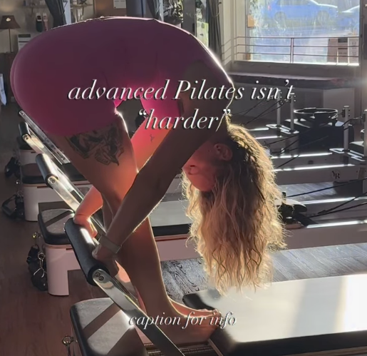 an image of a woman doing advanced reformer Pilates with the overlay: advanced Pilates isn't "harder"