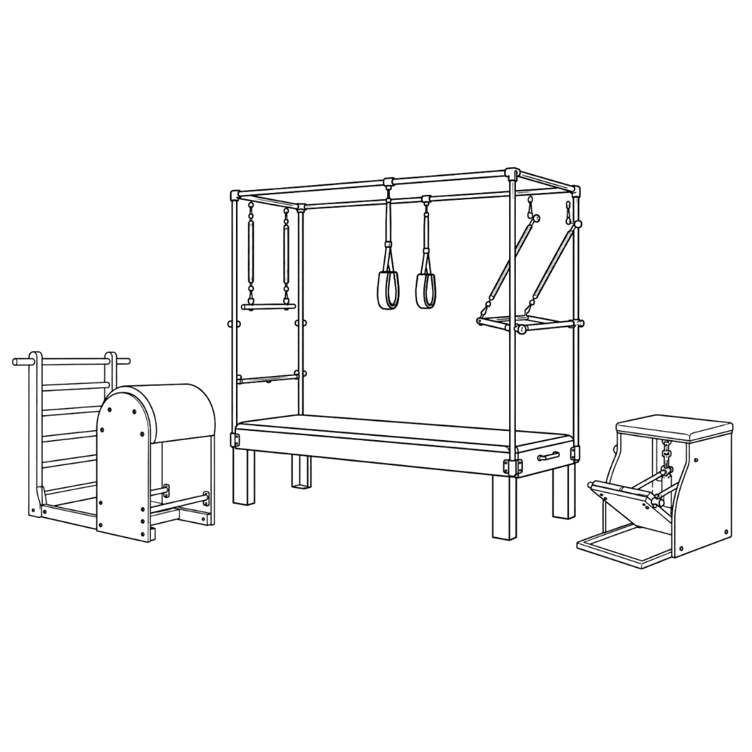 A simple graphic of a Pilates Cadillac, chair, and ladder barrel apparatus, indicating the multiple ways we can teach you at The Pilates Studio San Diego