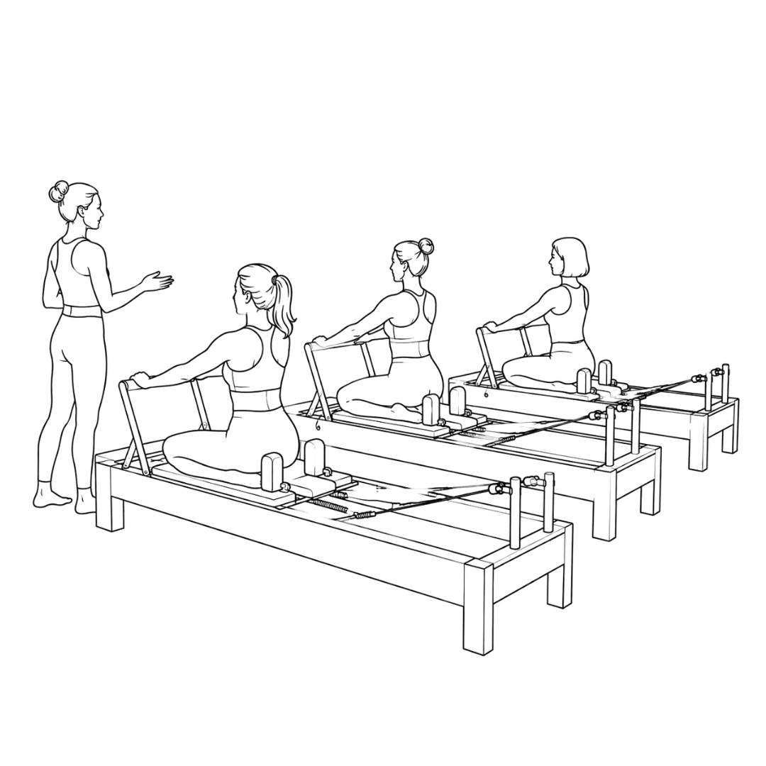 A simple line graphic showing an experienced Pilates instructor teaching a reformer Pilates class