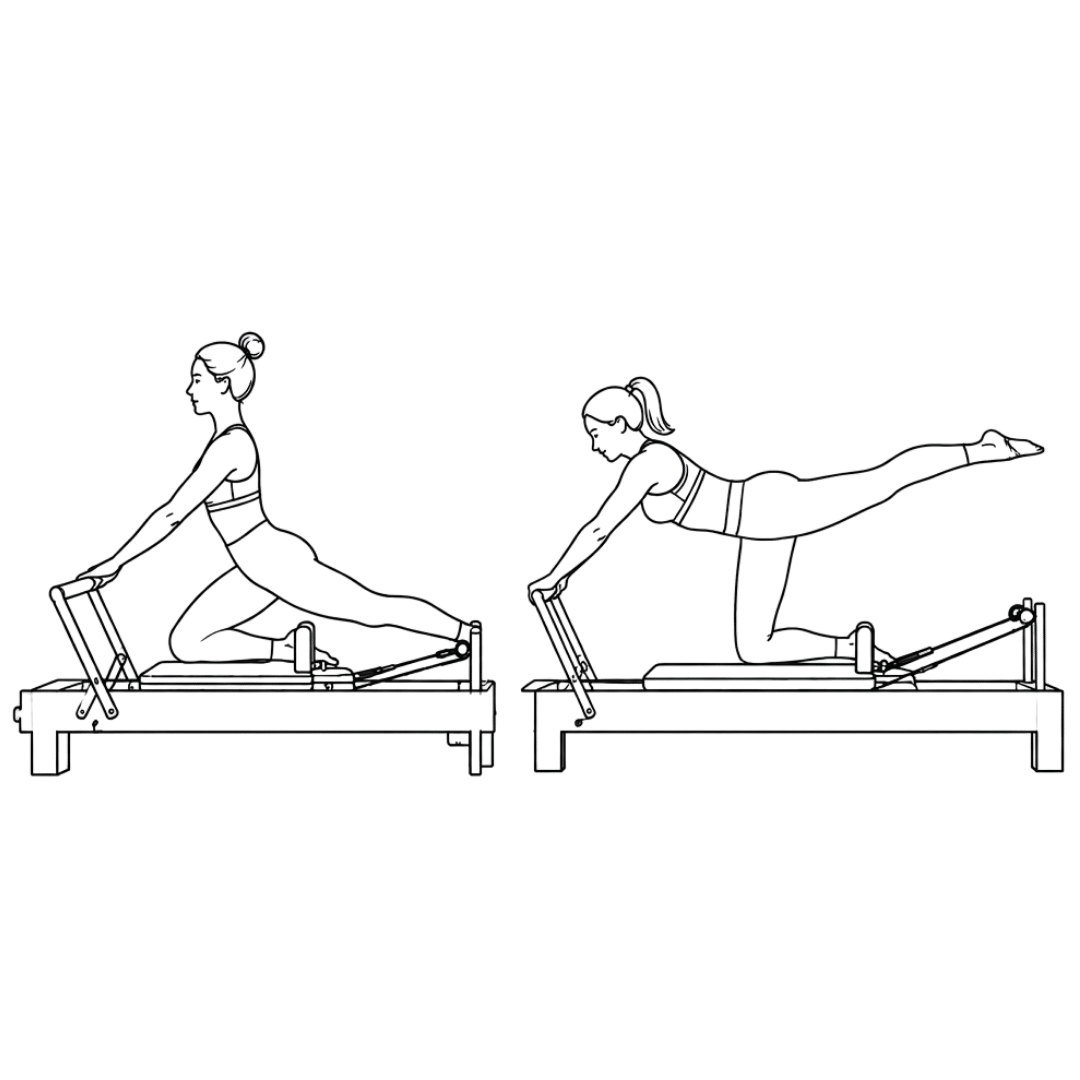 A simple line graphic of various Pilates reformer moves that exhibit different experience levels