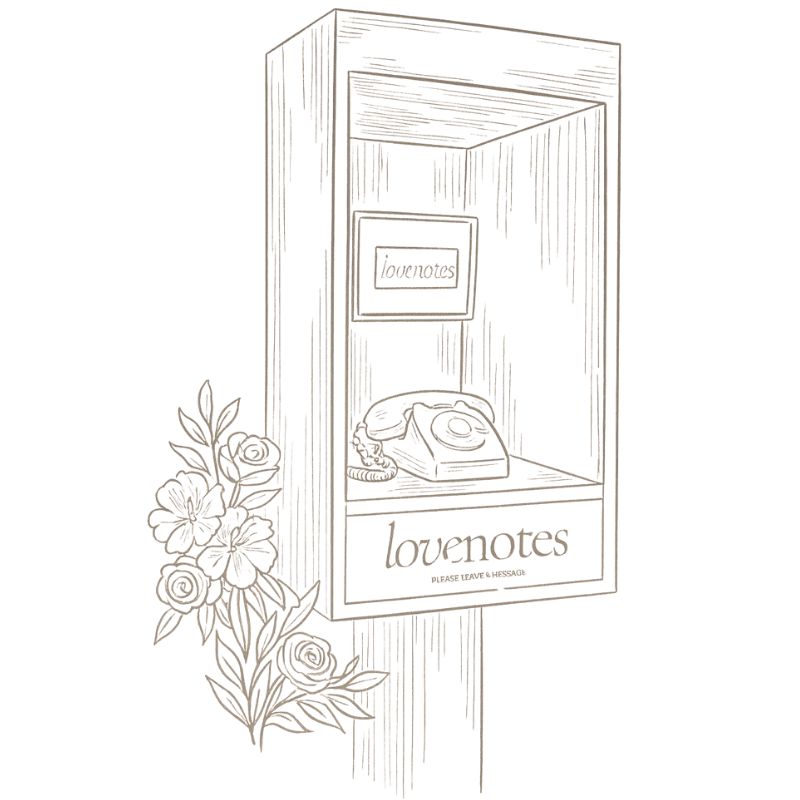 A vintage-style phone booth with a rotary phone inside, surrounded by flowers, and labeled "lovenotes."