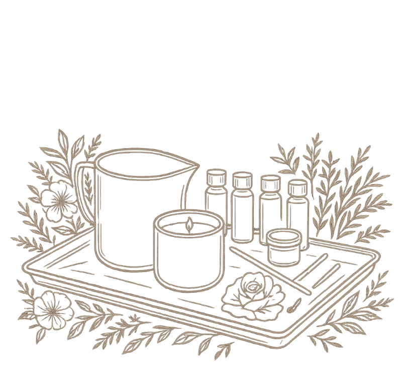 Sketch of aromatherapy items including a wax melting pot, a smaller candle, five small fragrance oil bottles, a small jar, a stick, and a flower on a tray with decorative foliage.