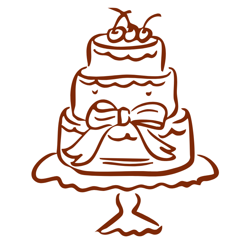 Line drawing of a three-tier birthday cake with a cherry on top, decorated with a large bow and scalloped edges, placed on a cake stand.