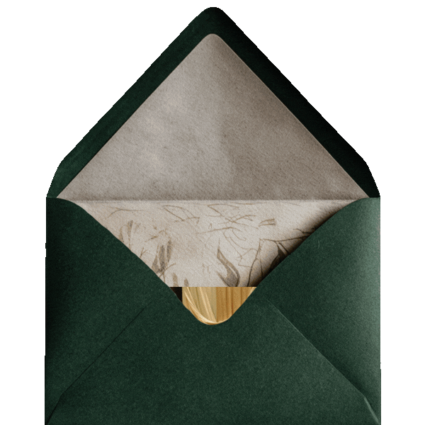 Green envelope with the flap open, revealing beige lined paper and different photos popping out alternately.