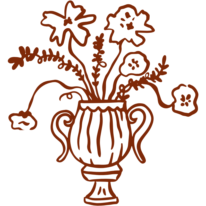 Outline drawing of a vase with flowers and leaves.