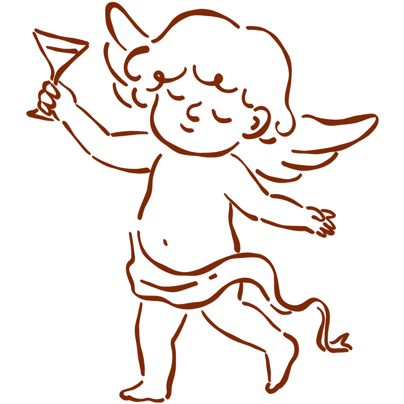Line drawing of a cherub with wings, holding a martini glass, smiling, and dressed in a short cloth around the waist.