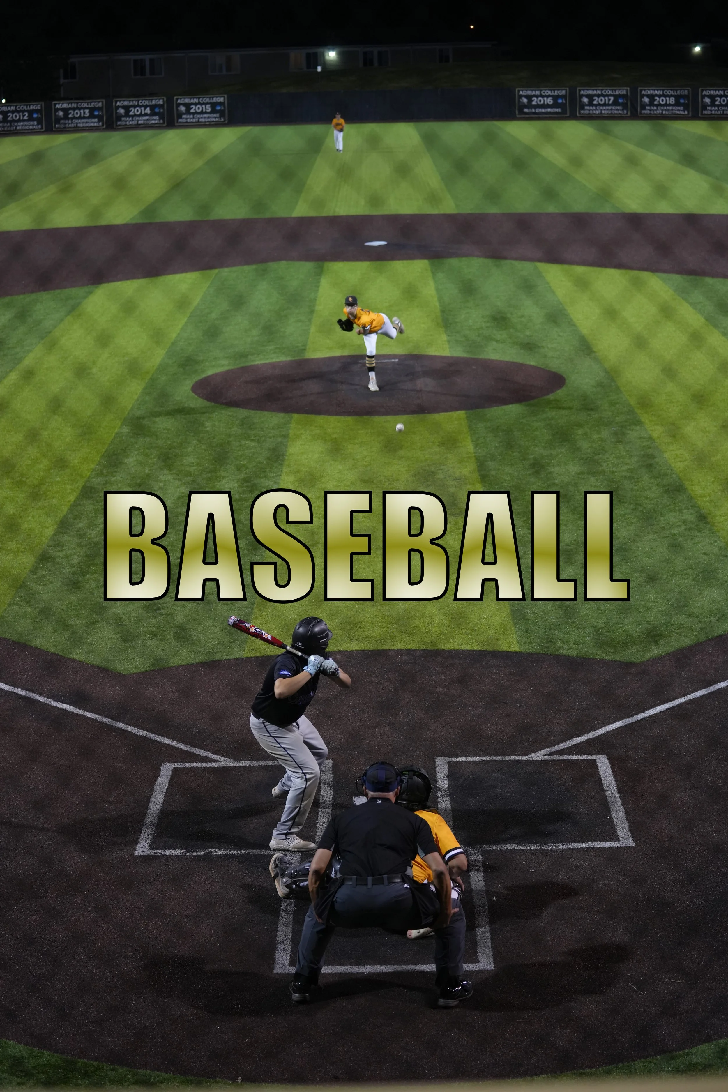 A baseball game in progress on a field with players and umpires. The word 'BASEBALL' is superimposed in large letters across the center of the image.